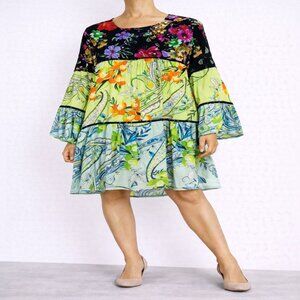 CALEESA Multi Color Boho‎ Tiered Bell Sleeve Tunic Dress Medium